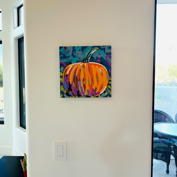 Colorful Pumpkin Painting: Modern Impressionism, Hand-Painted Wood Panel 12 x12" - Picture 5 of 7